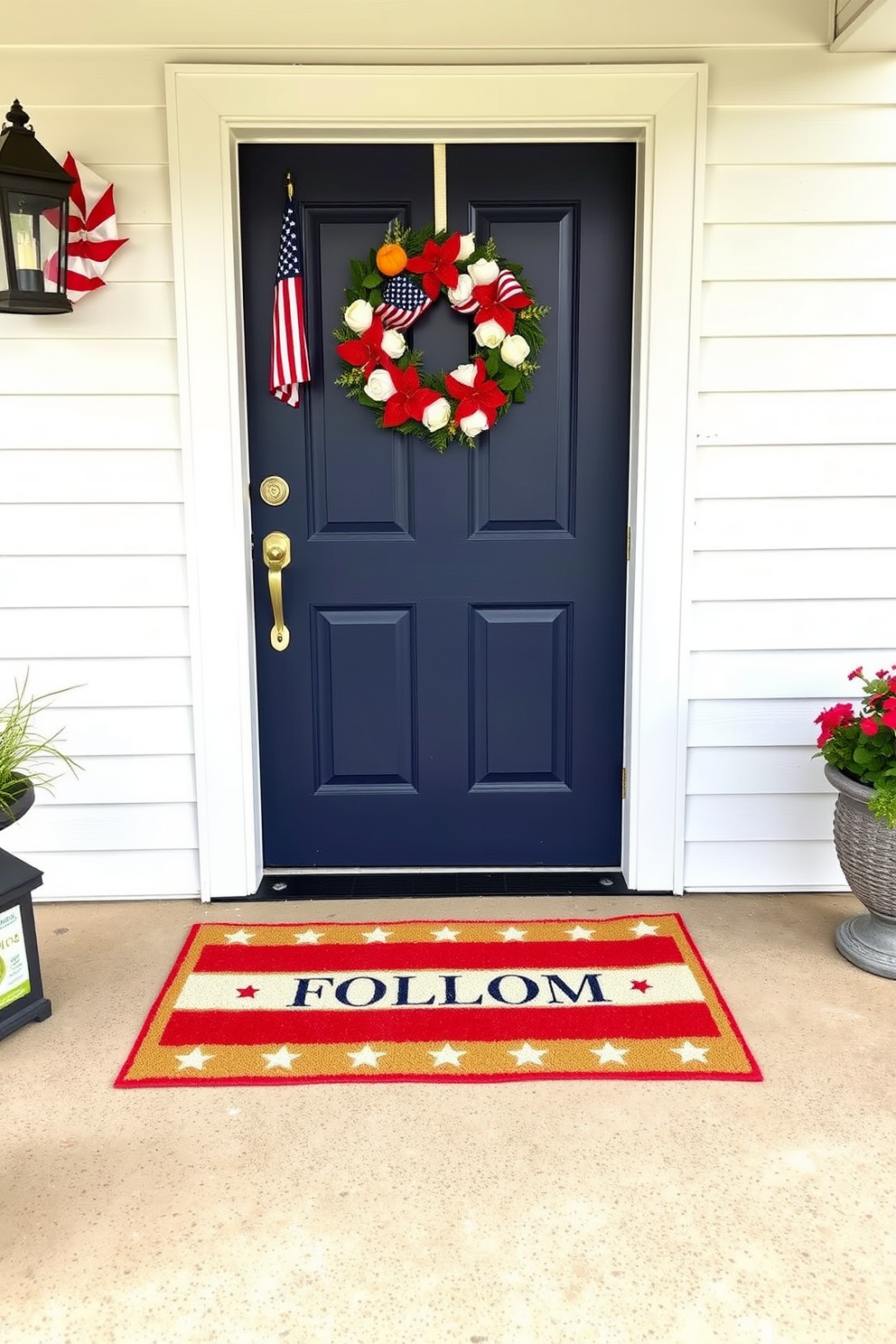 A charming front porch featuring a red white and blue door mat that welcomes guests with a festive touch. The door mat is placed in front of a classic wooden door painted in a crisp white, adorned with seasonal decorations like small American flags and a vibrant wreath.