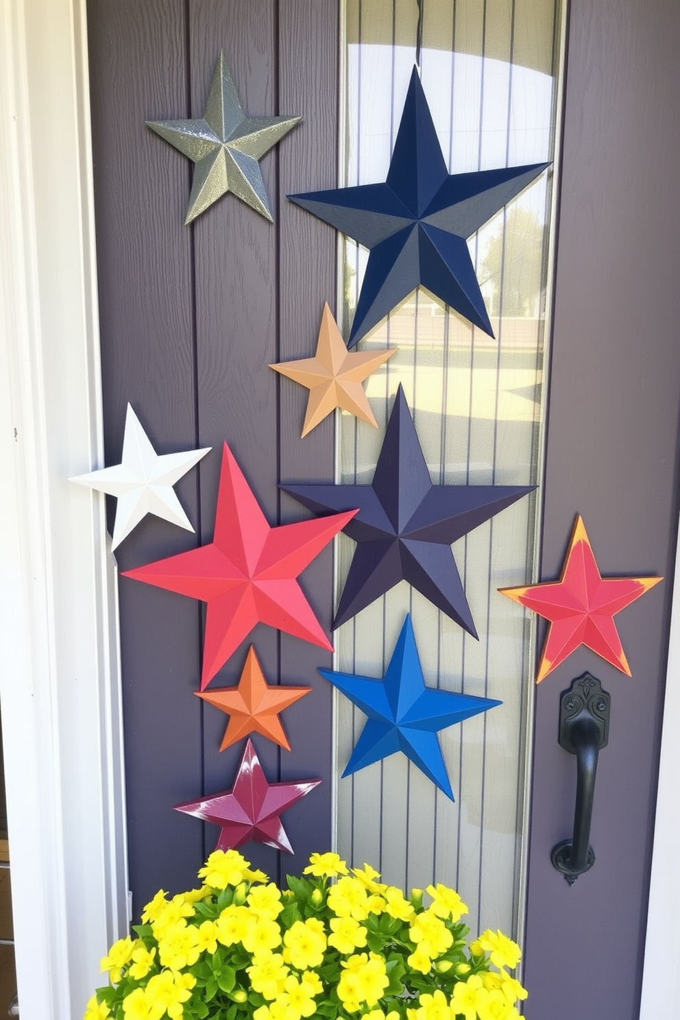 A charming front door adorned with decorative wooden stars in various sizes. The stars are painted in vibrant colors, creating a festive and inviting atmosphere for Labor Day celebrations.