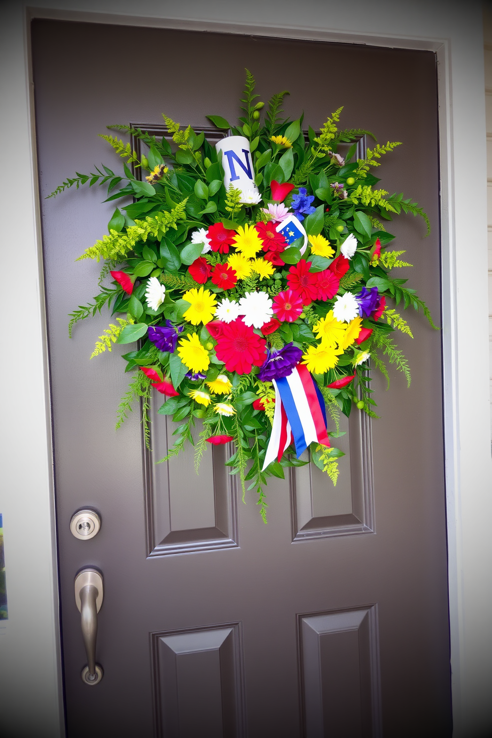 Chalkboard signs with Labor Day messages feature handwritten greetings in white chalk. The signs are adorned with small decorative elements like stars and stripes, set against a rustic wooden background. Labor Day front door decorating ideas include a vibrant wreath made of red, white, and blue flowers. A welcome mat with festive Labor Day phrases complements the overall patriotic theme.