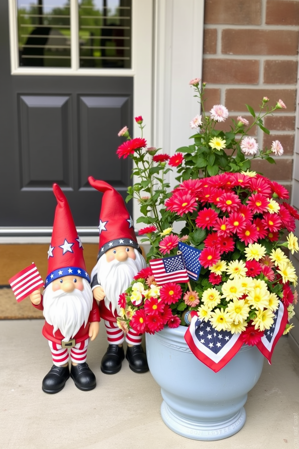 A charming front porch adorned with cute gnome figurines dressed in patriotic attire. The gnomes are positioned beside a vibrant flower pot filled with seasonal blooms, celebrating Labor Day in style.