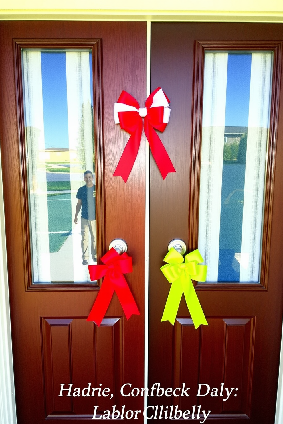 A charming front door adorned with festive ribbon bows in vibrant colors. The bows are elegantly tied around the door handles, creating a welcoming and cheerful atmosphere for Labor Day celebrations.