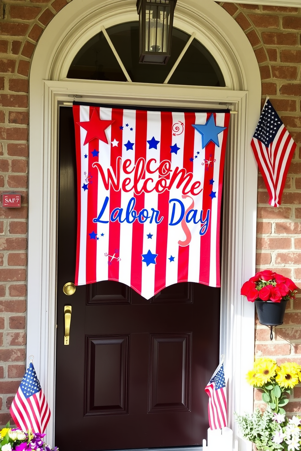 A welcoming front door adorned with hanging mason jar lanterns creates a charming atmosphere. The lanterns are filled with soft, warm lights and are suspended from a rustic wooden beam above the entryway. Flanking the door, vibrant autumn flowers in rich hues of orange and yellow add a festive touch. A cozy doormat with a seasonal greeting completes the inviting Labor Day decor.