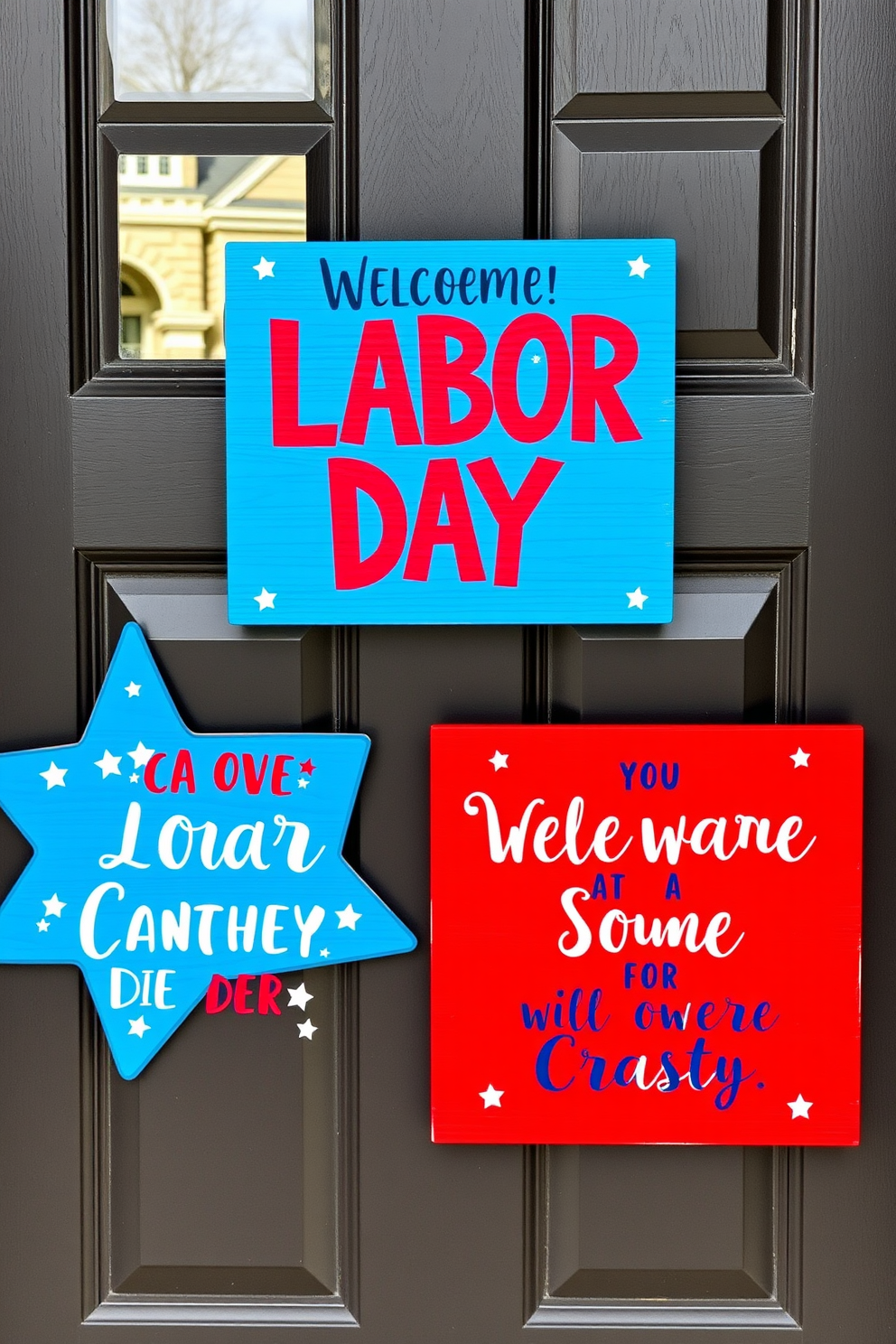 A charming front door adorned with wooden stars painted in red, white, and blue. The stars are arranged in a festive pattern, welcoming guests with a touch of patriotic spirit. Surrounding the door, potted plants with vibrant flowers add a pop of color. A rustic welcome mat completes the look, inviting friends and family to celebrate Labor Day.