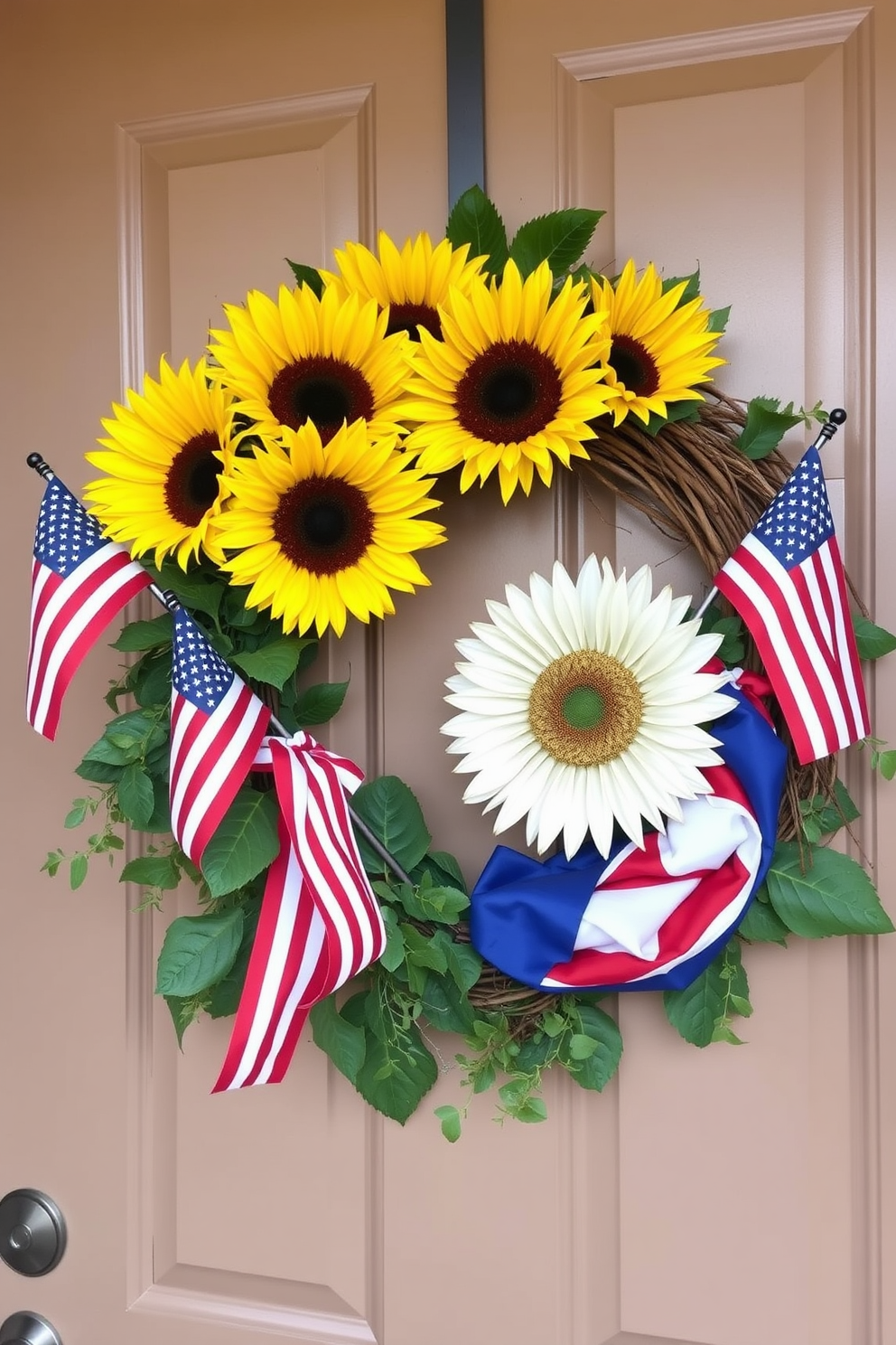 A vibrant front door adorned with a seasonal wreath made of colorful autumn leaves. The wreath features shades of red, orange, and yellow, creating a warm and inviting atmosphere for Labor Day celebrations.