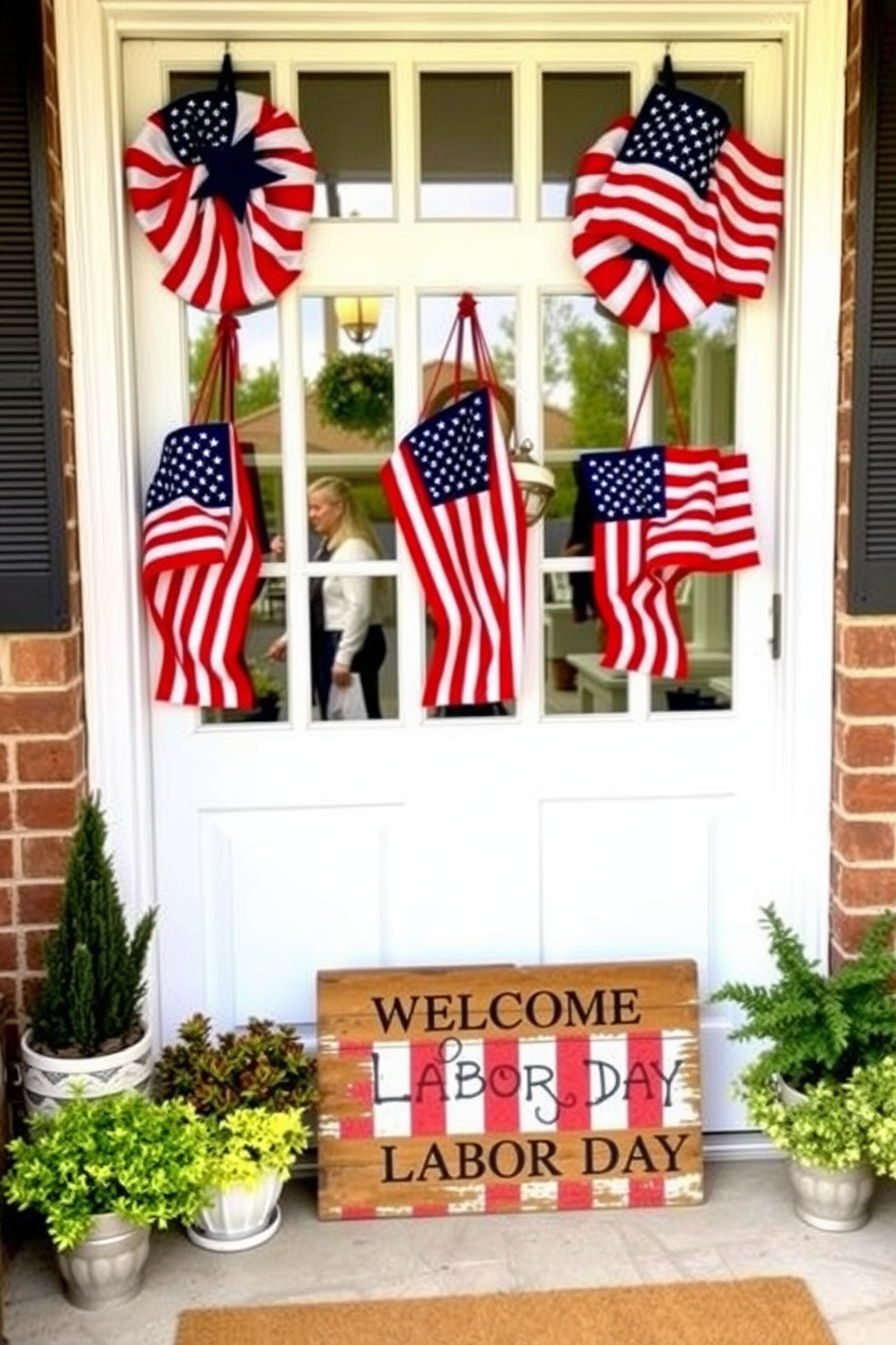 A festive front door adorned with American flag door hangers in vibrant red white and blue colors. The door is framed by seasonal decorations including small potted plants and a rustic welcome sign to celebrate Labor Day.