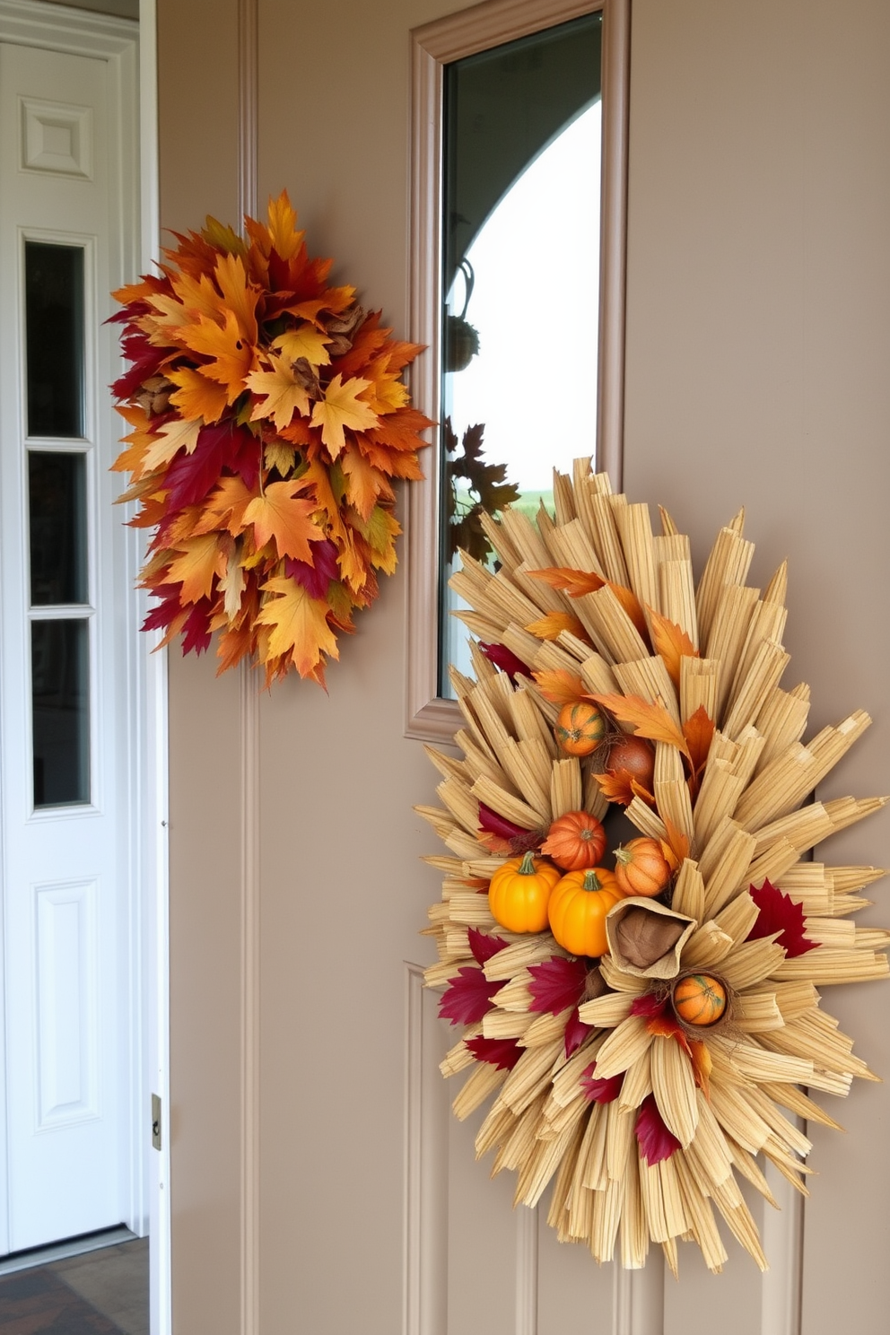 A charming front door adorned with seasonal decorations made from corn husks. The arrangement features a large corn husk wreath with vibrant autumn leaves and small pumpkins nestled within.