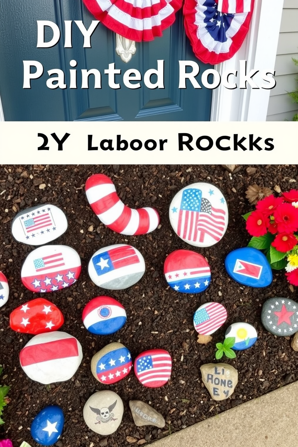 A collection of DIY painted rocks featuring patriotic designs. Each rock showcases vibrant colors and symbols representing national pride, arranged artistically in a garden setting. Creative front door decorating ideas for Labor Day. The entrance is adorned with a festive wreath made of red, white, and blue elements, complemented by charming banners and seasonal flowers.