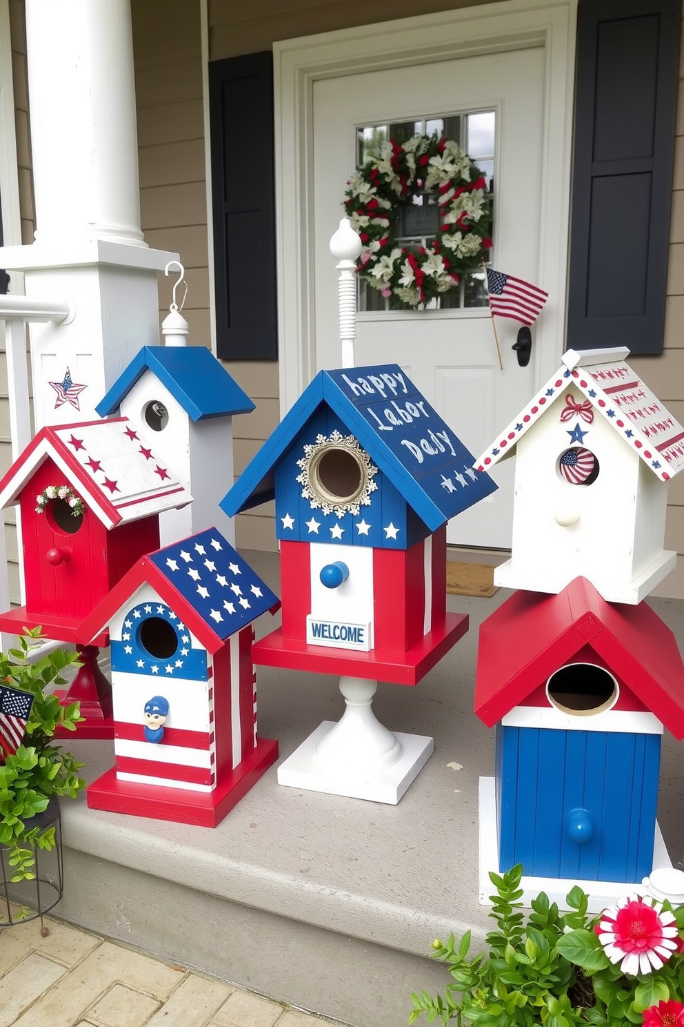 Charming birdhouses painted in red white and blue are arranged on a welcoming front porch. Each birdhouse features unique designs and patterns, celebrating the spirit of Labor Day with festive decorations.