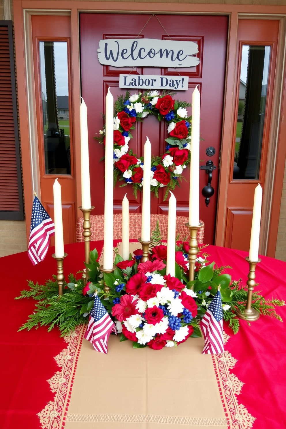 A charming front door display features decorative wooden blocks spelling out Labor Day. The blocks are painted in vibrant colors and arranged with seasonal flowers and greenery to create a festive welcome.