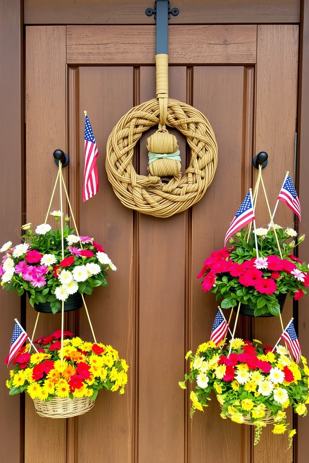 A charming front porch adorned for Labor Day. Vintage bicycles with flower baskets lean against the railing, adding a touch of whimsy to the festive decor. The front door is elegantly decorated with a vibrant wreath made of red, white, and blue flowers. Flanking the door, potted plants in coordinating colors enhance the welcoming atmosphere.