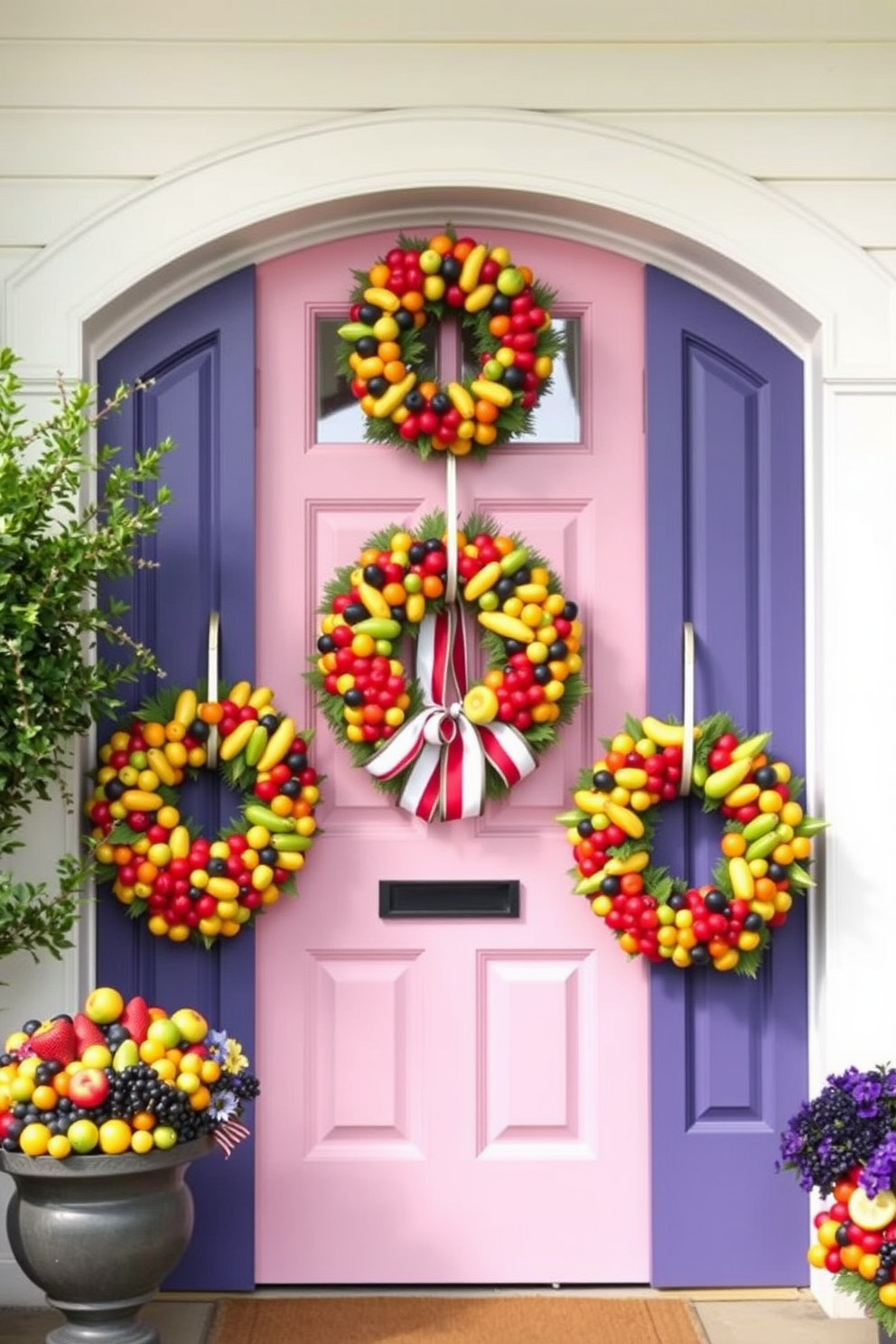 A whimsical garden features colorful stakes that add a playful touch to the landscape. Each stake is uniquely designed with vibrant hues and fun shapes, creating an inviting atmosphere. For Labor Day, the front door is adorned with festive decorations that celebrate the holiday. A beautiful wreath made of red, white, and blue flowers hangs prominently, complemented by cheerful banners and stars.