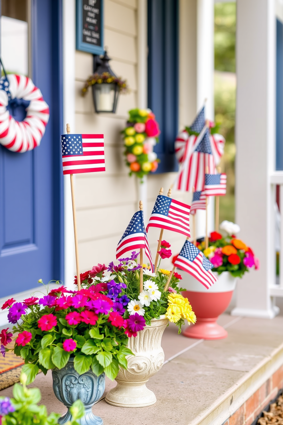 A charming front porch adorned with miniature flags in decorative pots. The pots are filled with vibrant flowers, creating a festive atmosphere for Labor Day celebrations.