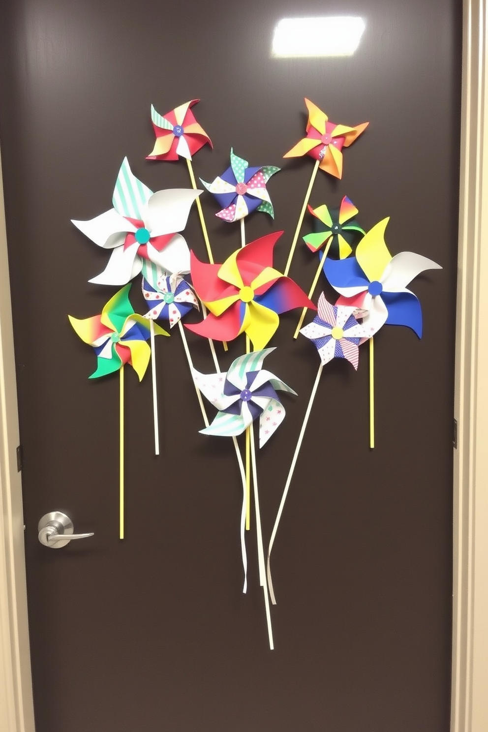 A whimsical door decoration featuring colorful pinwheels in various sizes and patterns. The pinwheels are attached to the door in a playful arrangement, creating a festive and inviting atmosphere for Labor Day celebrations.