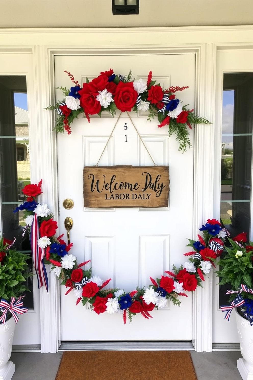 A charming front porch adorned for Labor Day. A vibrant seasonal fruit basket overflowing with apples, pears, and berries is placed on the steps, accompanied by a small American flag for a festive touch.