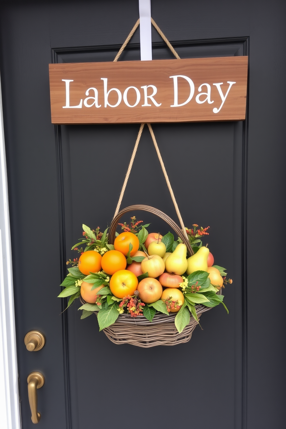 A cheerful door decoration featuring a vibrant arrangement of seasonal fruits. The display includes bright oranges, crisp apples, and juicy pears, all artfully arranged in a rustic basket. Hanging above the basket is a festive Labor Day sign made from reclaimed wood. The overall look is inviting and perfect for welcoming guests during the holiday season.