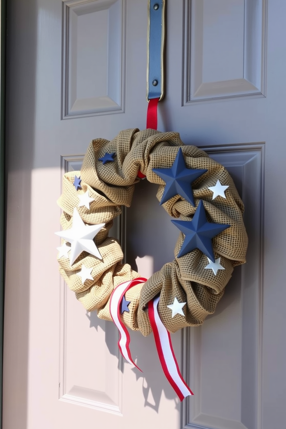 A rustic burlap wreath adorned with stars hangs gracefully on the front door. The wreath is complemented by subtle accents of red and blue, celebrating the spirit of Labor Day.