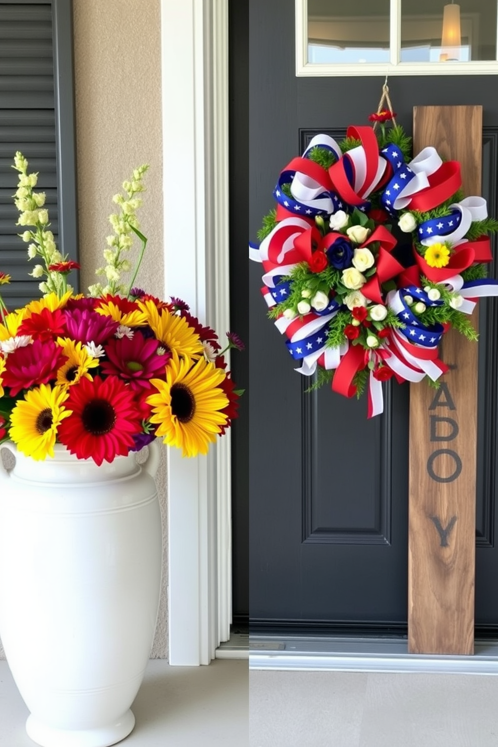 A seasonal floral arrangement in vibrant colors is displayed in a large ceramic vase. The arrangement features sunflowers, dahlias, and zinnias, creating a cheerful and inviting atmosphere. For Labor Day, the front door is adorned with a festive wreath made of red, white, and blue ribbons and seasonal flowers. Complementing the wreath, a rustic wooden sign with a patriotic message hangs beside the door, enhancing the celebratory spirit.