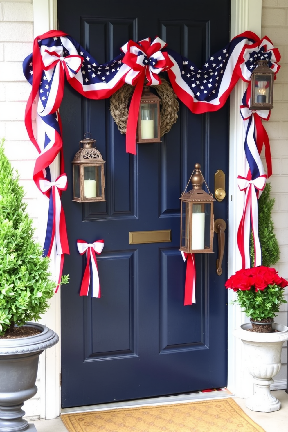 A charming front door adorned with vintage lanterns draped in red white and blue patriotic ribbons. The door is painted a deep navy blue providing a striking contrast to the vibrant decorations.