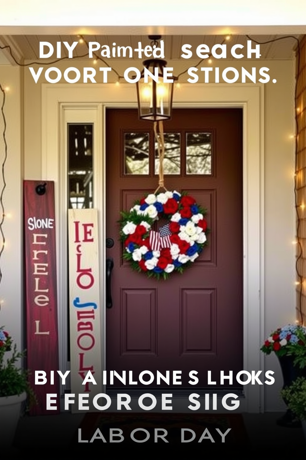 A charming front porch adorned with DIY painted wooden welcome signs. The signs feature vibrant colors and playful designs, welcoming guests with a warm and inviting touch. For Labor Day, the front door is decorated with a festive wreath made of red, white, and blue flowers. Strands of twinkling lights frame the door, adding a cheerful glow to the holiday celebration.