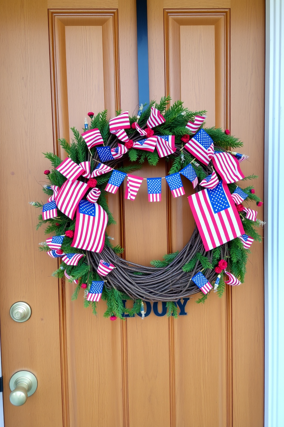 A charming front door adorned with a lush grapevine wreath featuring vibrant mini flags celebrating Labor Day. The wreath is nestled against a warm wooden door, welcoming guests with a festive and inviting touch.