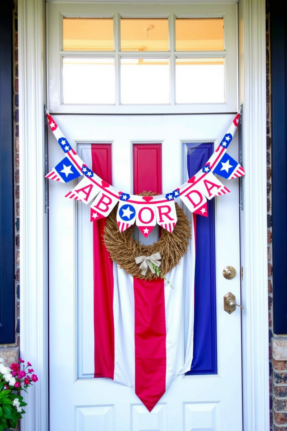 A vibrant front door adorned with festive bunting celebrating Labor Day. The bunting features red, white, and blue colors with stars and stripes, creating a patriotic atmosphere.