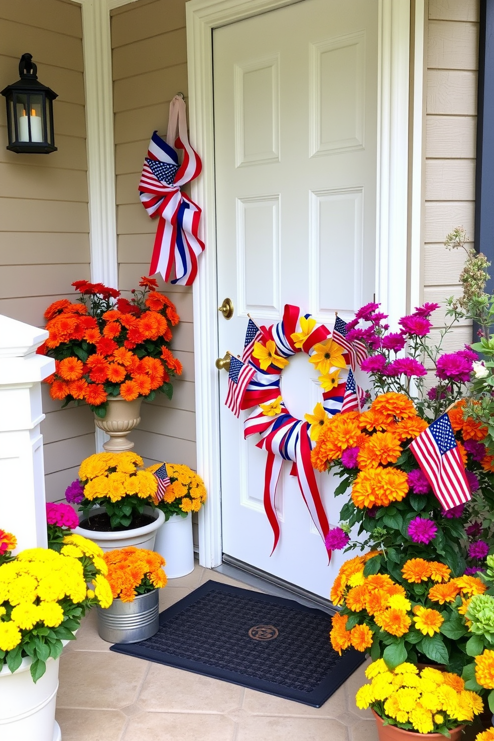 A charming front porch adorned with colorful festive bunting strung along the railing. The entrance features a welcoming door decorated with a seasonal Labor Day wreath made of red white and blue flowers.