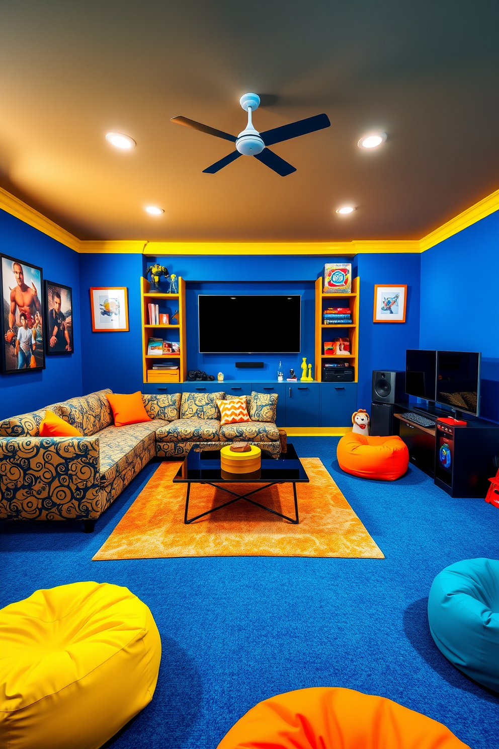 A lively game room adorned with colorful wall murals that showcase dynamic patterns and playful themes. The walls are painted in bright hues, creating an energetic atmosphere perfect for relaxation and entertainment. The room features a pool table in the center, surrounded by comfortable seating in bold colors. A selection of vintage arcade games adds a nostalgic touch, while stylish pendant lights hang from the ceiling, enhancing the vibrant ambiance.