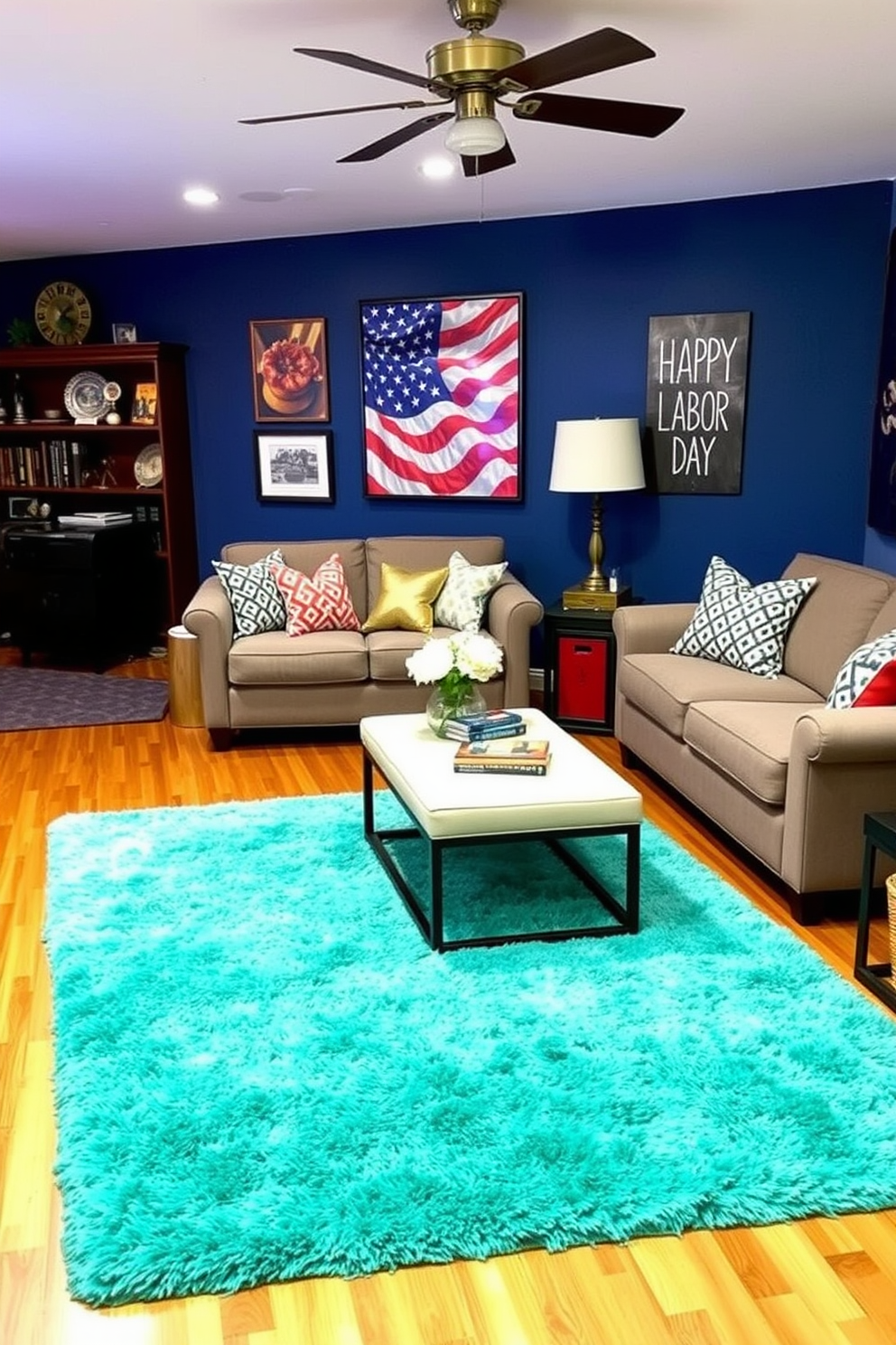 Bright area rugs to define spaces. The room features a large, plush area rug in vibrant colors that contrasts with the hardwood floor, creating a cozy and inviting atmosphere. Labor Day Game Room Decorating Ideas. The game room is adorned with a mix of comfortable seating and stylish decor, including wall art that reflects the festive spirit of Labor Day celebrations.