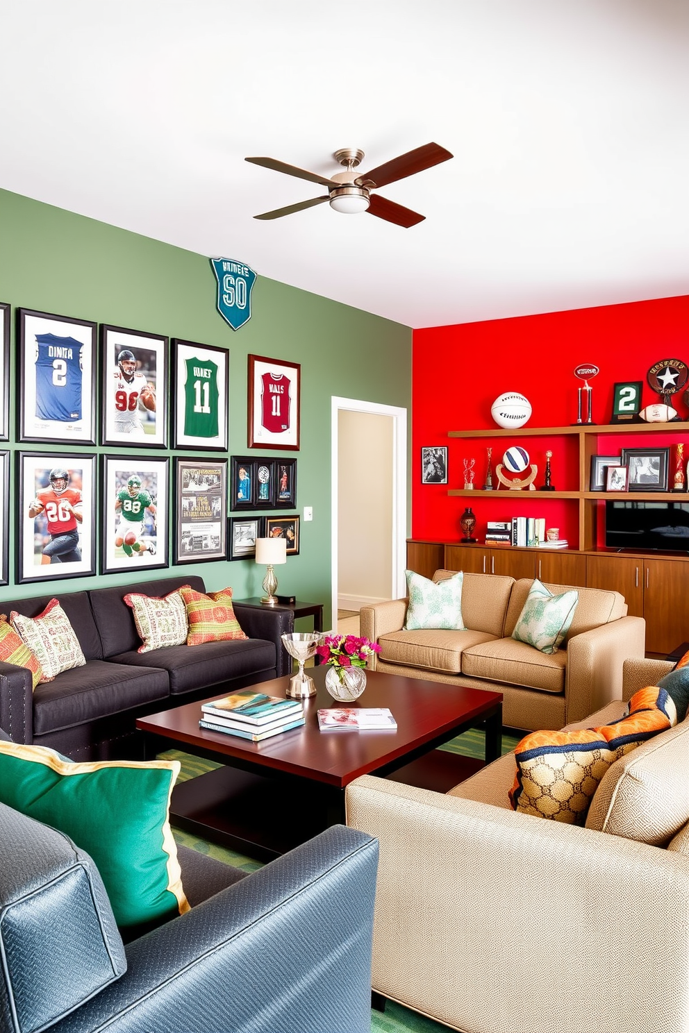 A vibrant game room filled with sports memorabilia that reflects personal passion. The walls are adorned with framed jerseys, signed balls, and action photos of favorite teams. Comfortable seating is arranged around a large coffee table, perfect for game day gatherings. A bold accent wall in team colors adds energy to the space while shelves display collectibles and trophies.