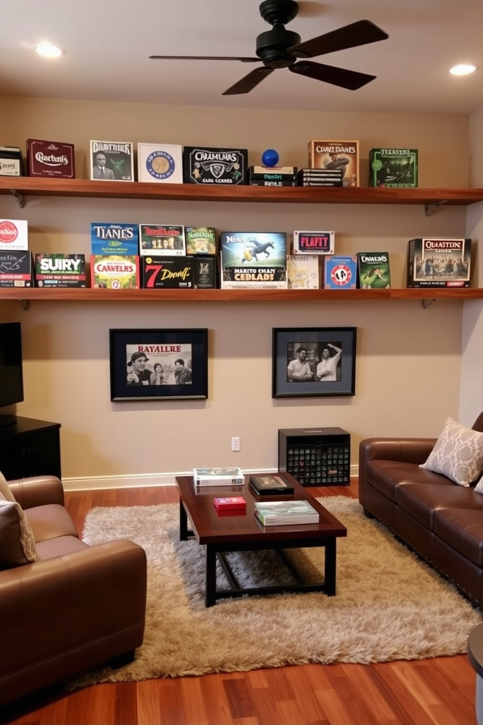 A cozy game room featuring classic board games displayed on sleek wooden shelves. The walls are painted a warm beige, and a plush area rug lies under a large coffee table surrounded by comfortable seating.