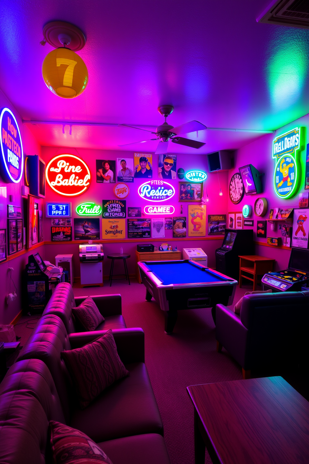 A lively game room filled with retro charm. Bright neon signs in various colors illuminate the space, creating a vibrant atmosphere. The walls are adorned with vintage posters and memorabilia from classic games. Comfortable seating is arranged around a pool table, inviting friends to gather and enjoy the fun.