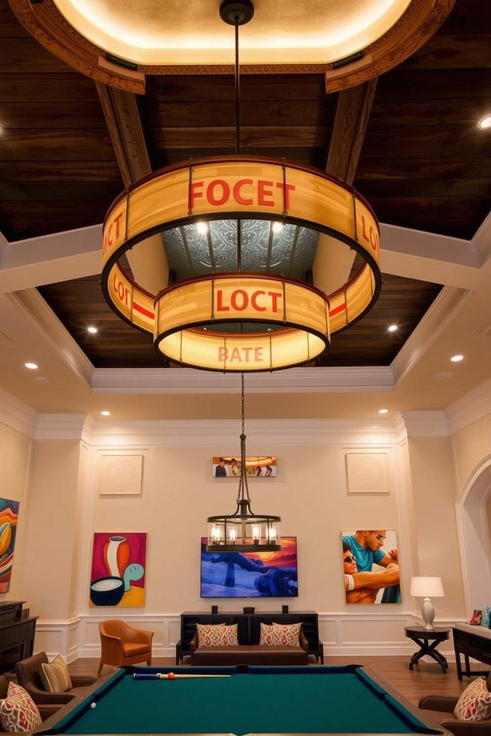 A stunning game room featuring dramatic ceiling fixtures that draw the eye upward. The room is filled with comfortable seating, a large pool table, and vibrant artwork on the walls. The ceiling is adorned with an oversized chandelier that combines modern design with rustic elements. Ambient lighting creates a warm and inviting atmosphere, perfect for entertaining friends and family during Labor Day celebrations.