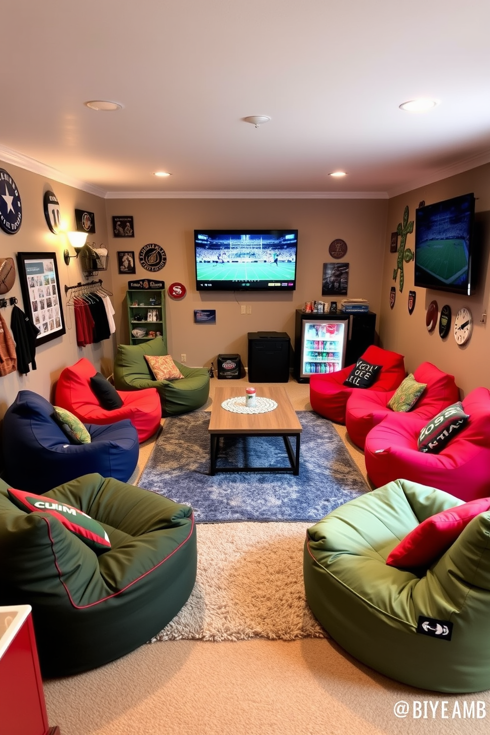 A cozy game room featuring colorful bean bags arranged in a semi-circle around a low coffee table. The walls are adorned with sports memorabilia, and a large flat-screen TV is mounted in the corner for game day viewing. Soft lighting creates a warm atmosphere, while a plush area rug adds comfort underfoot. A mini fridge stocked with snacks and drinks sits nearby, ensuring easy access during gatherings.