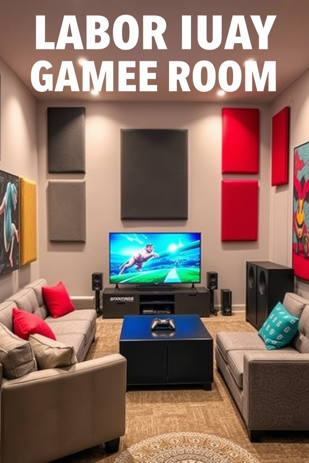 Soundproofing panels for better acoustics. The room features sleek, modern panels in various colors strategically placed on the walls to enhance sound quality and reduce noise. Labor Day Game Room Decorating Ideas. The space is filled with comfortable seating, vibrant wall art, and a large gaming console setup, creating an inviting atmosphere for friends and family to enjoy.