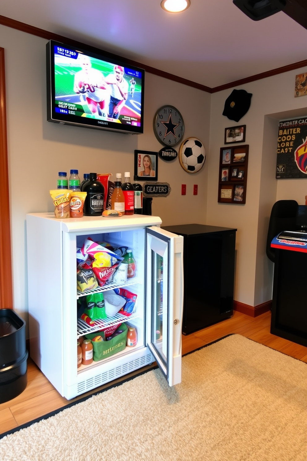 A cozy game room featuring a mini fridge stocked with a variety of snacks and drinks. The walls are adorned with sports memorabilia and the floor is covered with a plush area rug to enhance comfort during game nights.