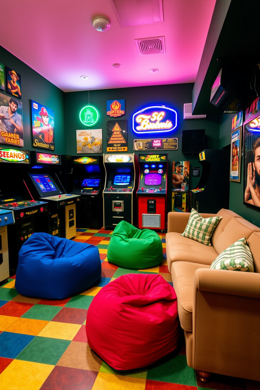 A vibrant game room filled with vintage arcade games creates a nostalgic atmosphere. The walls are adorned with retro posters and neon signs, while a plush sectional sofa invites friends to gather and enjoy the fun. The flooring features a checkered pattern reminiscent of classic diner aesthetics. A sleek bar cart stocked with snacks and drinks complements the playful vibe of the room.