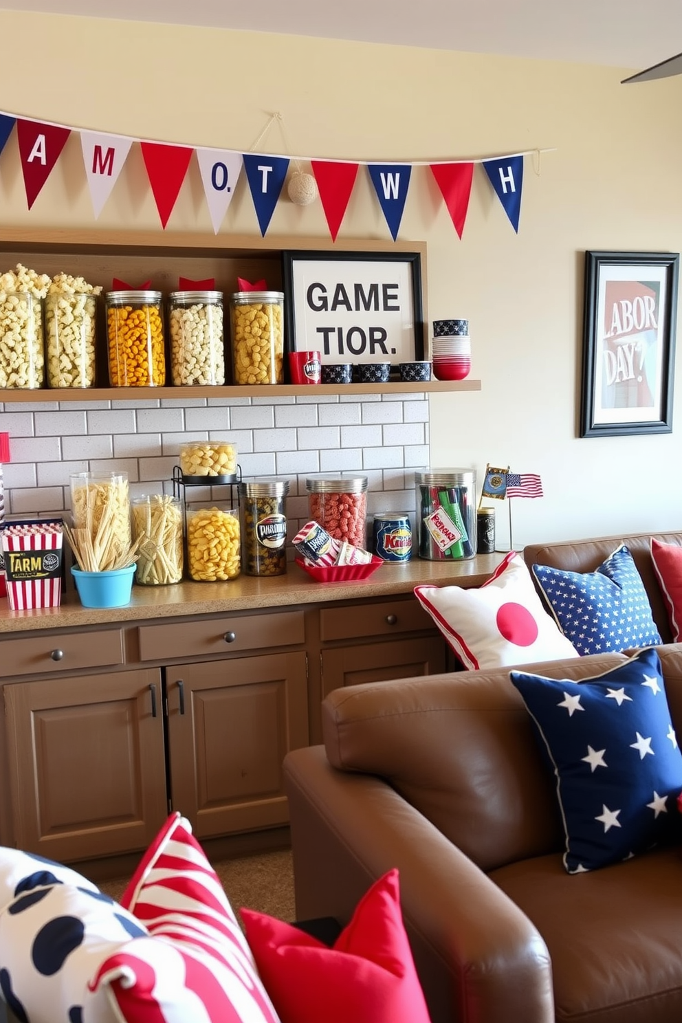 A stylish gaming console station features a sleek black entertainment unit with a large flat-screen TV mounted on the wall above it. The cables are neatly organized behind the unit, creating a clean and clutter-free look. The room is adorned with vibrant wall art inspired by popular video games, adding personality to the space. Cozy bean bag chairs and a plush area rug provide comfortable seating for gamers during long play sessions.