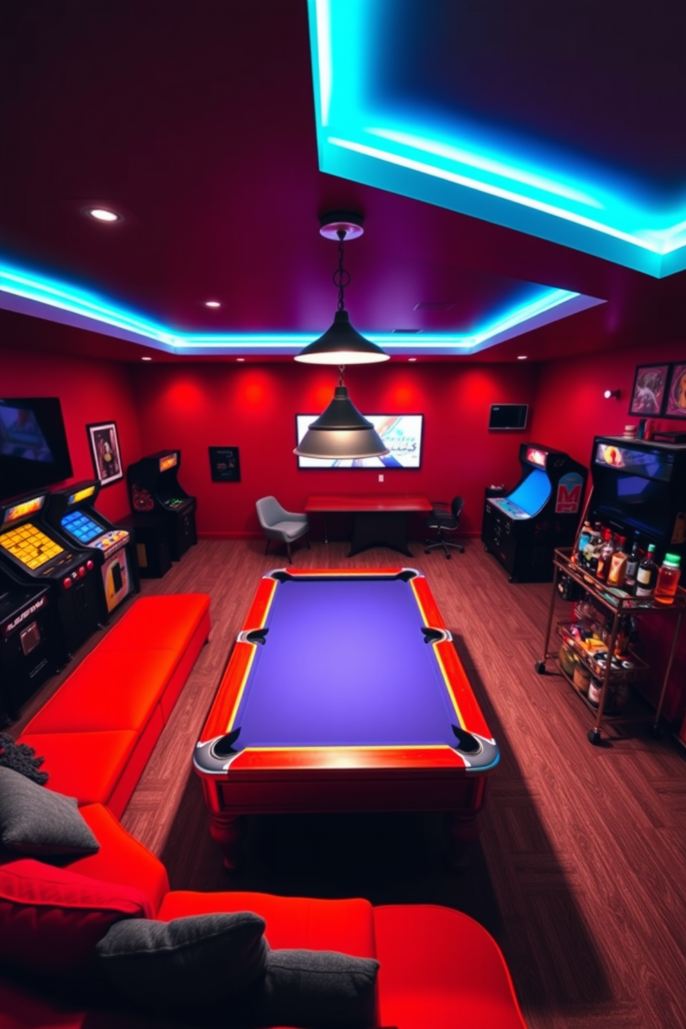 A vibrant game room filled with excitement and energy. The space features a large sectional sofa in a bold color, perfect for lounging during game nights. Mood lighting is strategically placed throughout the room, with adjustable brightness options to create the perfect atmosphere for any occasion. A pool table takes center stage, surrounded by vintage arcade games and a stylish bar cart stocked with refreshments.