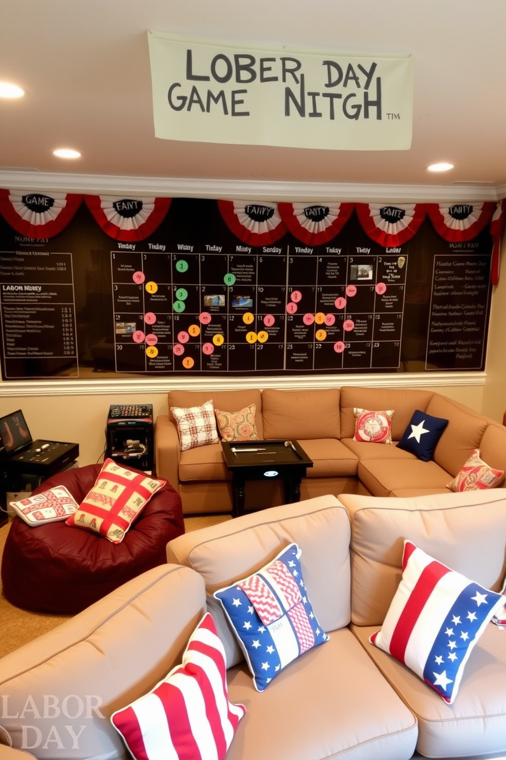 A personalized game night calendar is prominently displayed on the wall, featuring colorful markers indicating various game nights and themes. The room is filled with cozy seating arrangements, including a large sectional sofa and bean bags, creating an inviting atmosphere for friends and family. Labor Day decorations enhance the game room's festive vibe, with red, white, and blue accents throughout. A themed banner hangs above the gaming area, and patriotic cushions are scattered across the seating for added comfort and style.