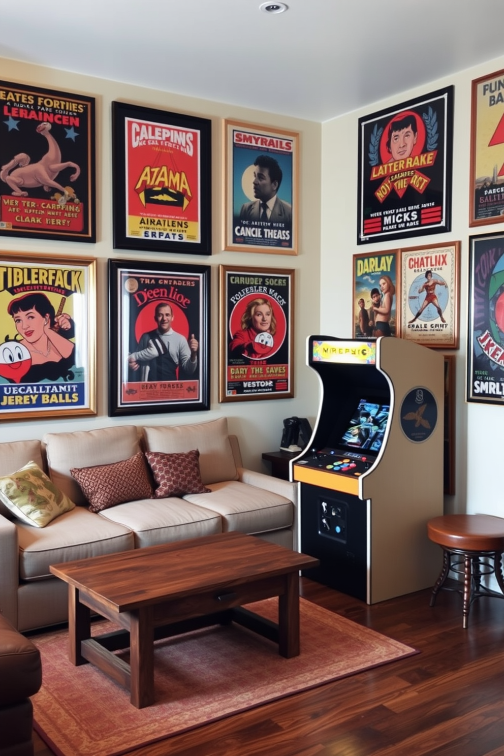 A cozy game room adorned with vintage posters that evoke nostalgia. The framed posters feature classic designs and vibrant colors, adding character to the space. The room is furnished with a comfortable sectional sofa and a rustic wooden coffee table. A vintage arcade machine stands in one corner, inviting friends and family to enjoy some friendly competition.