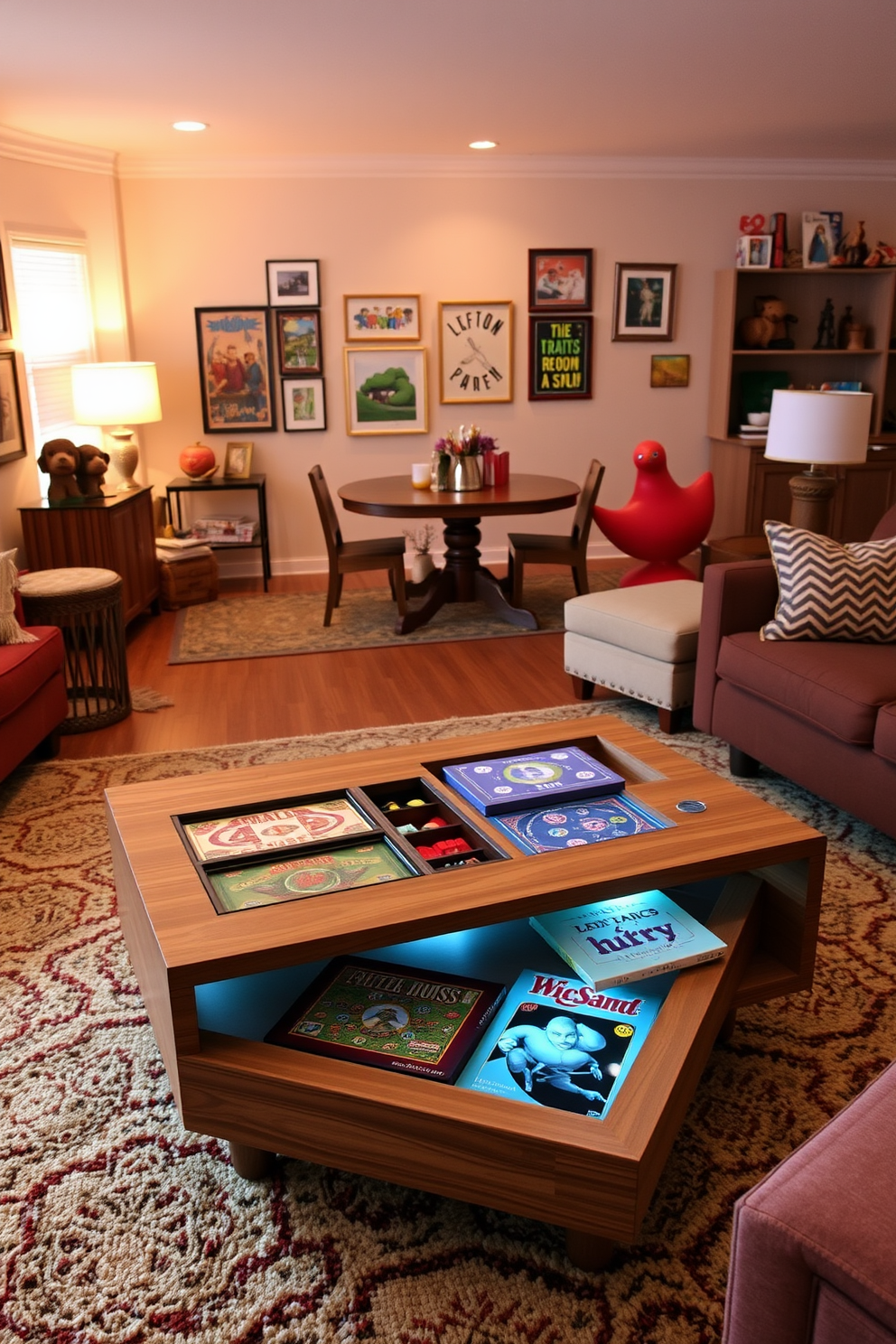 A unique coffee table designed with built-in games sits at the center of a vibrant game room. The table features a sleek wooden finish and compartments for board games, inviting friends and family to gather and enjoy. The walls are adorned with playful artwork and the room is filled with comfortable seating options. A cozy rug anchors the space, while ambient lighting creates a warm and inviting atmosphere for Labor Day festivities.