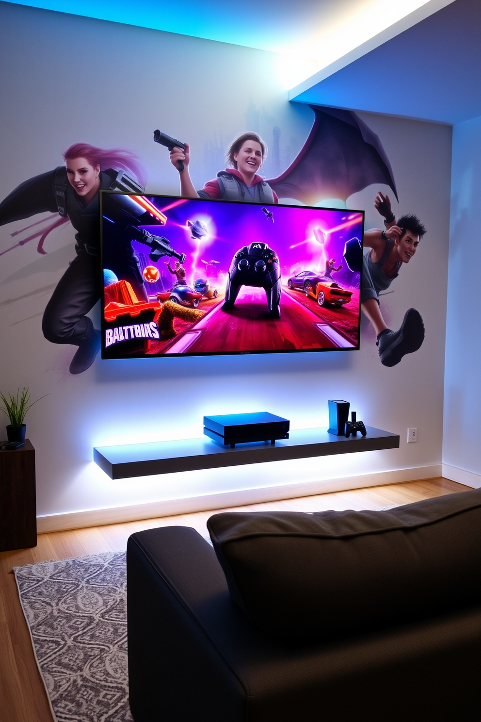 A stylish gaming console display that seamlessly integrates with the room's decor. The console is positioned on a sleek, low-profile shelf with ambient lighting highlighting its design. The wall behind features a vibrant mural that reflects the gaming theme, adding energy to the space. Comfortable seating is arranged in a cozy layout, inviting friends to gather and enjoy the gaming experience.