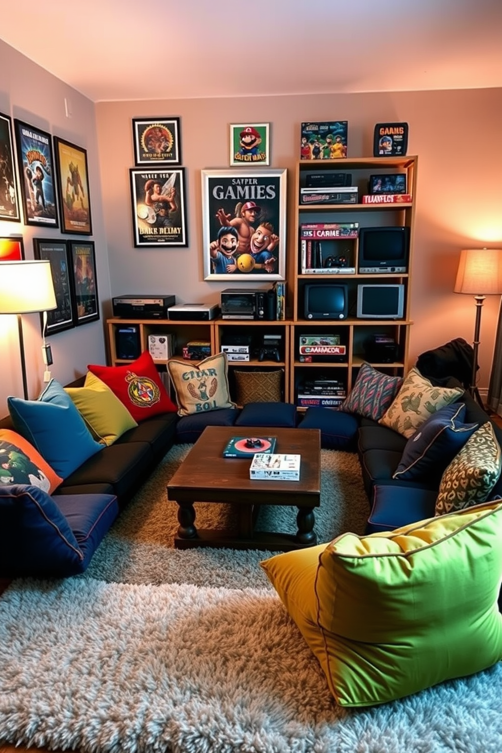 A cozy game room featuring floor cushions in various colors and patterns arranged around a low coffee table. The walls are adorned with framed posters of classic video games and shelves filled with board games and gaming consoles. Soft lighting from floor lamps creates a warm ambiance, inviting friends to gather for relaxed gaming sessions. A plush area rug anchors the space, adding comfort and style to the room.