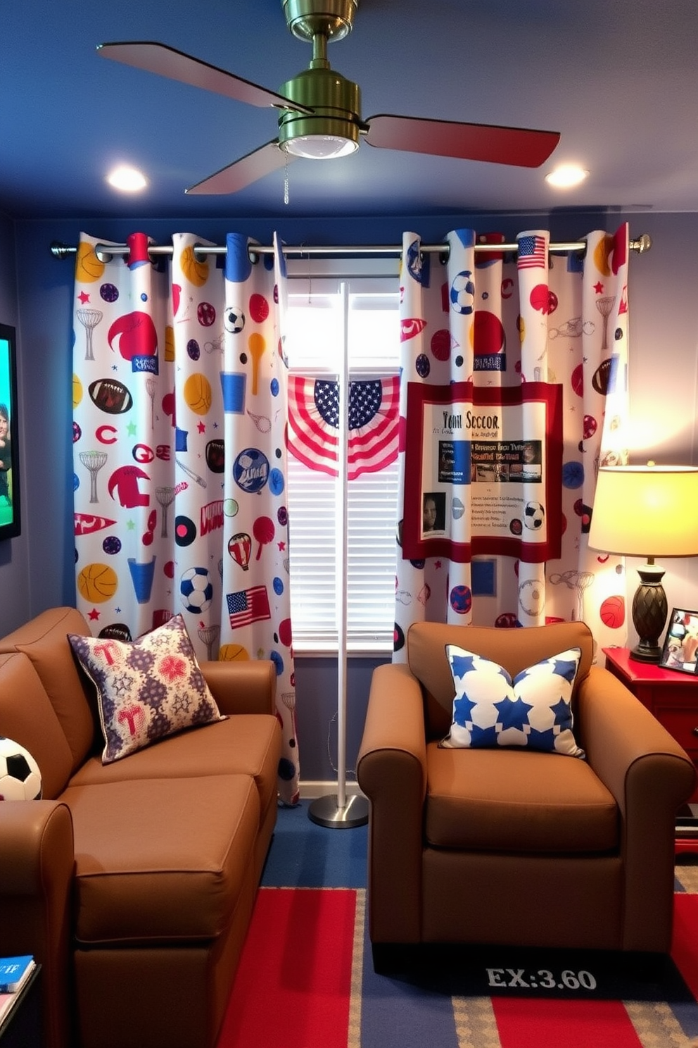 Fun themed curtains to enhance decor in a vibrant game room. The curtains feature a playful design with colorful patterns that reflect various classic games and sports, creating an energetic atmosphere. Labor Day Game Room Decorating Ideas focus on a festive yet relaxed vibe. Incorporate red, white, and blue accents throughout the space with comfortable seating, themed wall art, and decorative elements that celebrate the holiday.