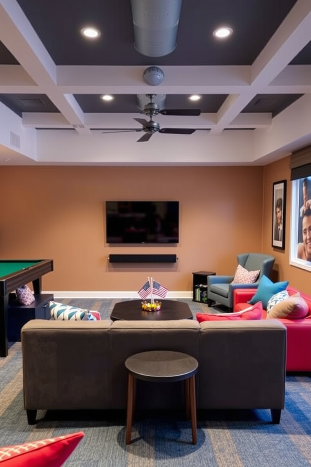 A vibrant game room featuring an interactive puzzle wall designed for engagement. The wall is adorned with colorful, interchangeable puzzle pieces that invite guests to create their own designs while enjoying the space. The room includes a cozy seating area with bean bags and a large sectional sofa. Brightly colored rugs and playful wall art add to the festive atmosphere, making it perfect for Labor Day celebrations.