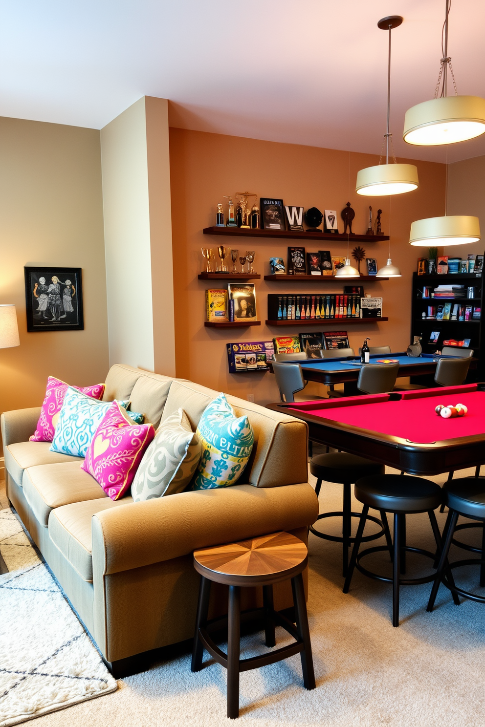 Cozy seating area featuring colorful bean bags and plush cushions arranged in a casual layout. The walls are adorned with playful artwork and string lights, creating a warm and inviting atmosphere for relaxation and fun. Incorporate a game table in the center, surrounded by comfortable seating options for friends and family. A vibrant rug anchors the space, adding texture and color to the overall design while enhancing the room's playful vibe.