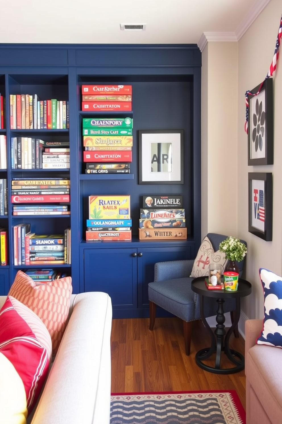 A modern game room featuring a large smart TV mounted on the wall, surrounded by sleek gaming consoles and a sound system for an immersive experience. The room is furnished with a comfortable sectional sofa and colorful gaming chairs, creating an inviting atmosphere for friends and family. The walls are painted in a deep navy blue, accented with LED strip lights that change color to match the mood. A plush area rug lies beneath a coffee table, and shelves display game memorabilia and collectibles, adding a personal touch to the space.