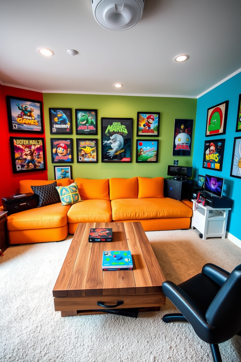 A vibrant game room featuring themed artwork that showcases favorite games. The walls are adorned with framed prints of iconic game covers and character illustrations, creating a lively atmosphere. The room includes a comfortable seating area with a sectional sofa in a bold color. A coffee table made from reclaimed wood sits in the center, surrounded by gaming consoles and board games for a fun and inviting experience.