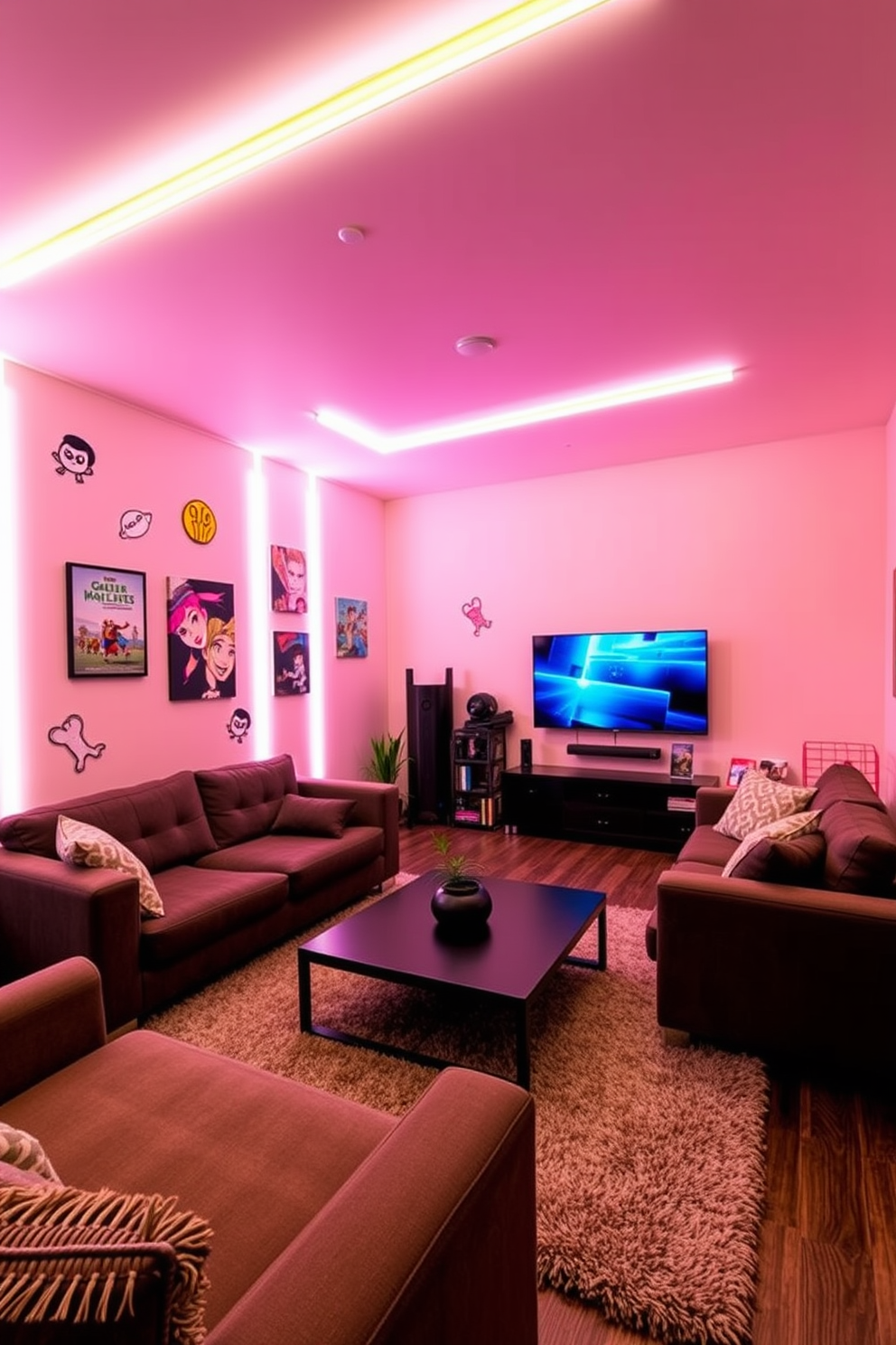 A vibrant game room featuring LED strip lights that create a dynamic ambiance. The walls are adorned with playful artwork and the furniture is arranged for comfort and social interaction. A large sectional sofa faces a wall-mounted flat-screen TV, while a sleek coffee table sits in the center. A neon sign adds a touch of personality, and the floor is covered with a plush area rug for added warmth.