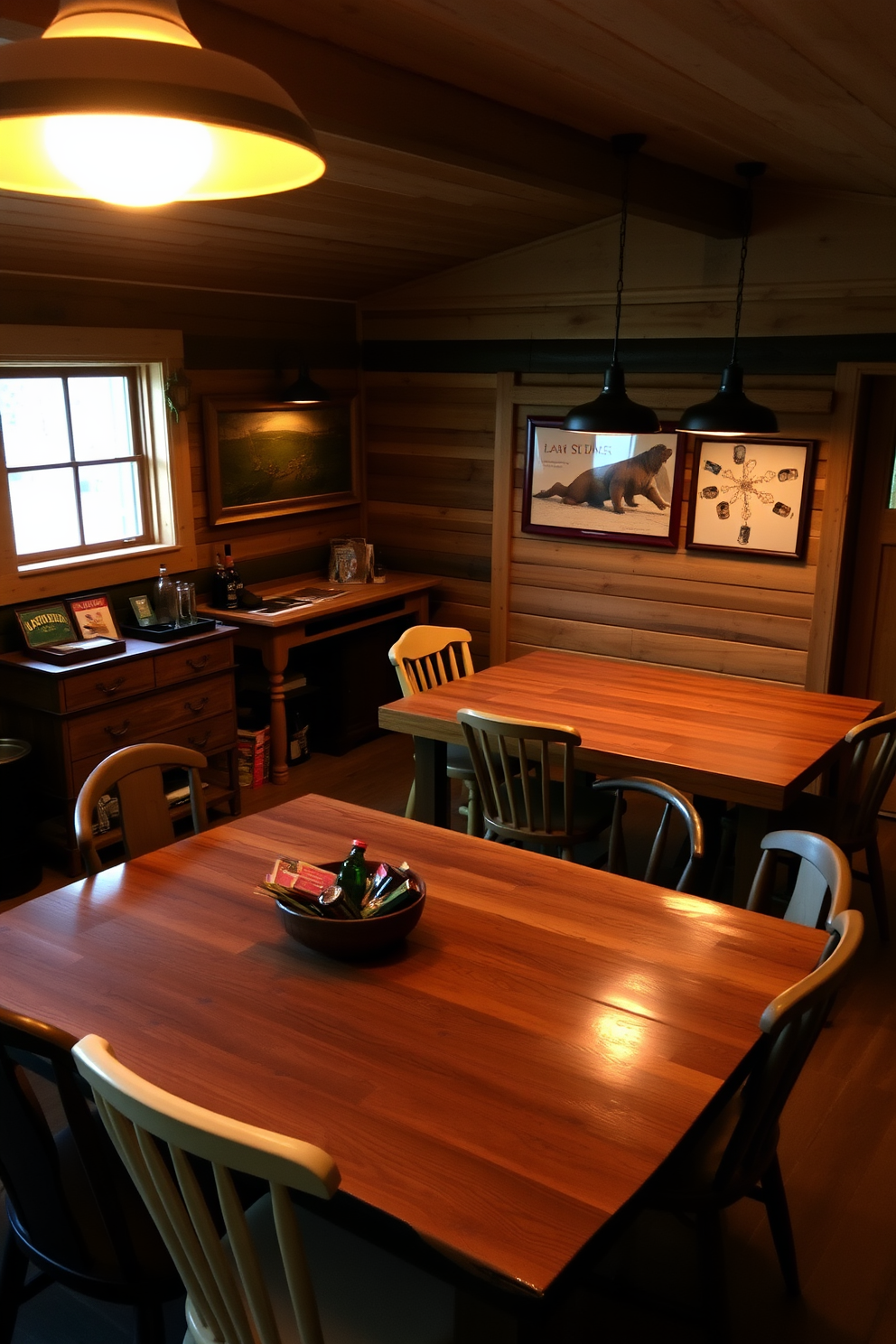 Rustic wood furniture creates a warm and inviting atmosphere in the game room. The space features a large reclaimed wood dining table surrounded by mismatched wooden chairs, enhancing the cozy vibe. A vintage wooden bar cart is positioned in one corner, stocked with games and refreshments. Warm lighting from hanging pendant lights casts a soft glow over the room, making it perfect for gatherings and relaxation.